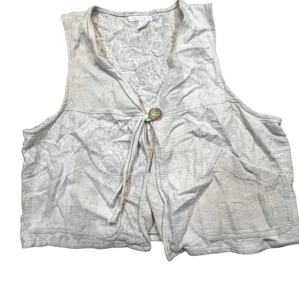 The Limited Linen Blend Vest Women Medium Beige Tie Front Button Boho Minimalist